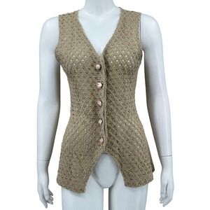 One Step Up Vest Womens One Size Tan Open Knit Rose Buttons Boho Y2K Cottagecore